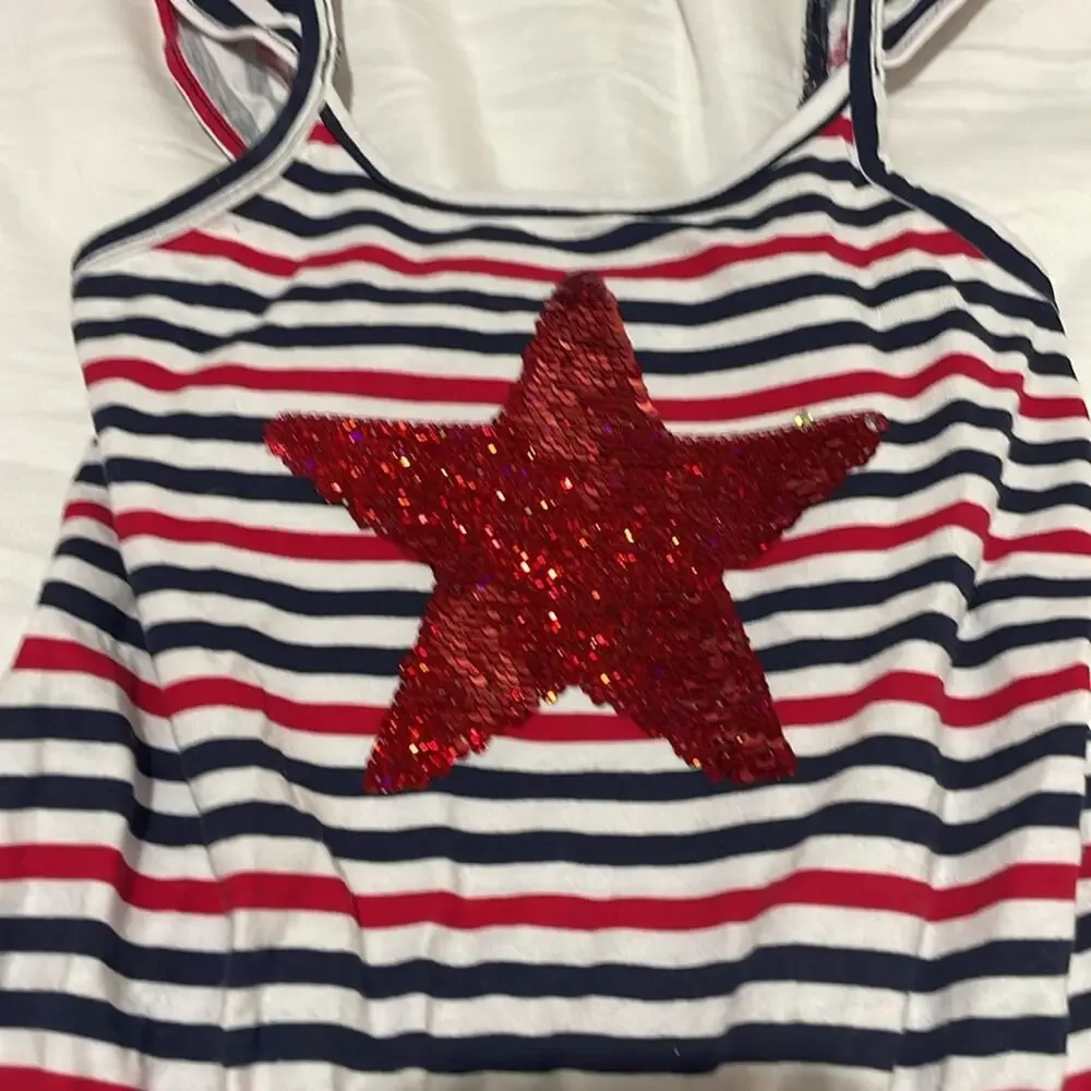Children place 5/6 S red white blue romper sequined star ruffled sleeve euc